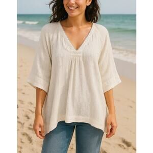 Free People Boho Peasant Gauze V-Neck Tunic Blouse Beachy Coastal Cowgirl Sz L